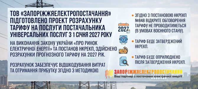 ТОВ «Запоріжжяелектропостачання» підготувало проект розрахунку тарифу на послуги постачальника універсальних послуг з 1 січня 2027 року ТОВ «Запоріжжяелектропостачання» підготувало проект розрахунку тарифу на послуги постачальника універсальних послуг з 1 січня 2027 року