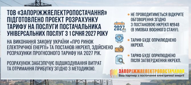 ТОВ «Запоріжжяелектропостачання» підготувало проект розрахунку тарифу на послуги постачальника універсальних послуг з 1 січня 2027 року ТОВ «Запоріжжяелектропостачання» підготувало проект розрахунку тарифу на послуги постачальника універсальних послуг з 1 січня 2027 року